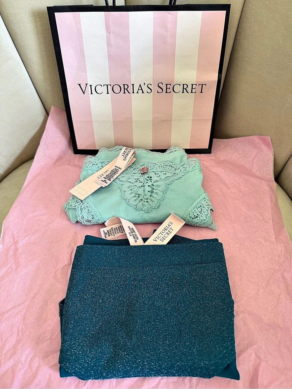 NWT Victoria's Secret Lace Panty Set Green Blue Sparkly Stretch Underwear Soft M